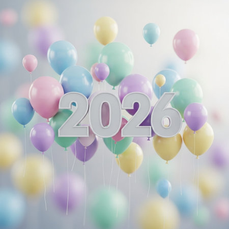 Happy New Year greeting card with colorful balloons, 3d renderingの写真素材