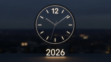 3D Illustration of a Clock with the Year in the Backgroundの写真素材