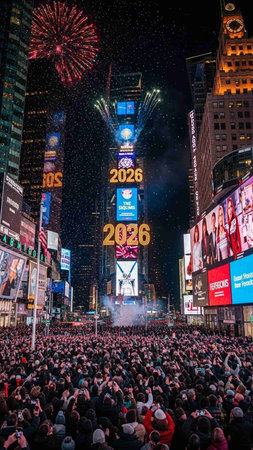 Crowds of people at Times Square in New York City during New Year celebration.の写真素材
