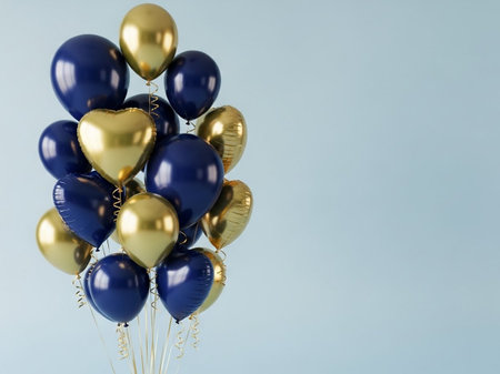 Bunch of golden and blue balloons on blue background with copy spaceの写真素材