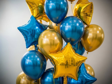 Colorful balloons on a white background. Bunch of blue and yellow balloons.の写真素材