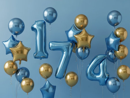 Number 17 gold and blue balloons on a blue background. 3D Renderの写真素材