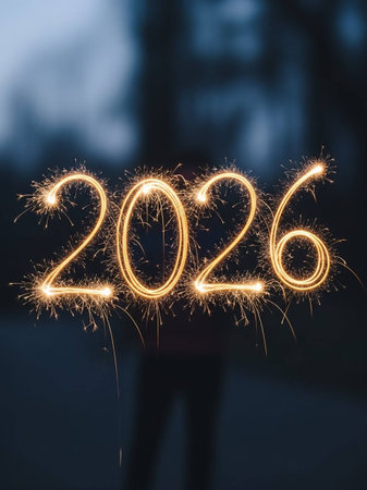 Happy new year written with sparklers on bokeh backgroundの写真素材