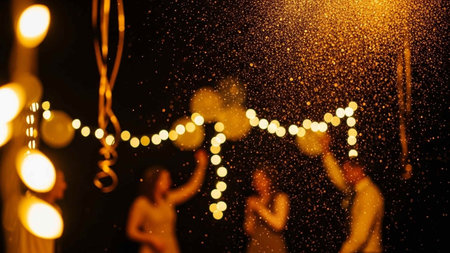 Blurred image of people dancing in the night club with bokeh lightsの写真素材