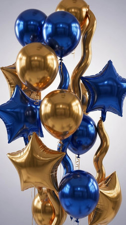 Blue and gold balloons on a white background. Holiday decoration for the holiday.の写真素材