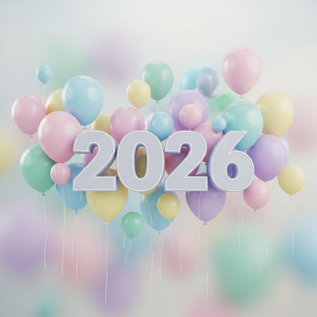 Happy new year celebration card with colorful balloons, 3D renderingの写真素材