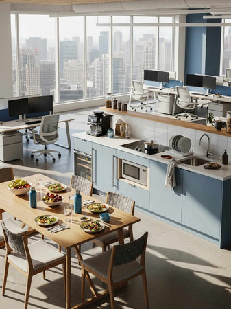 Interior of a modern kitchen with blue and white furniture. 3d renderingの写真素材
