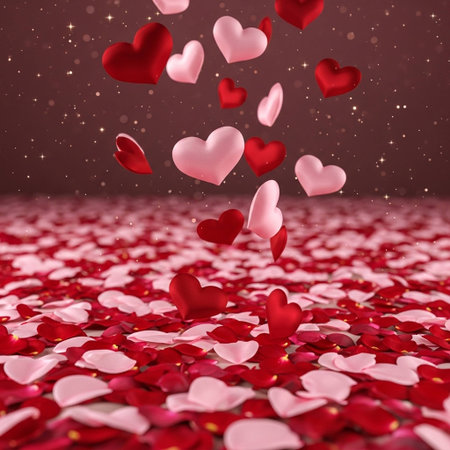 Valentines day background with hearts and confetti. 3d renderingの写真素材