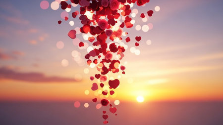 Red hearts on sunset background. Valentines day concept. 3D Renderingの写真素材