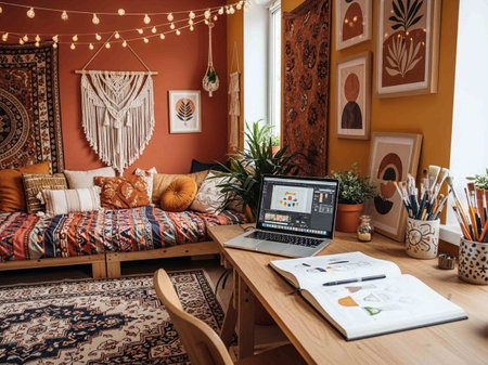 Interior of a cozy home office with a laptop on a wooden table and decorationsの写真素材