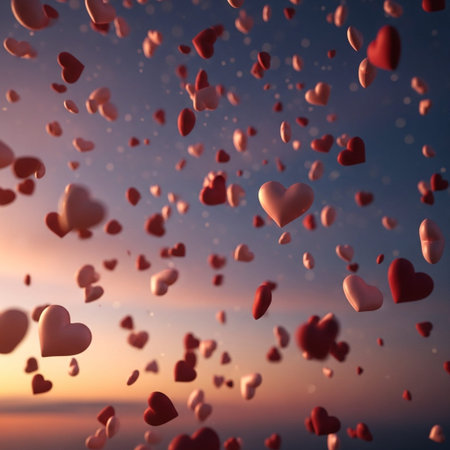 Red hearts fly in the sky. Valentine's day background. 3D renderingの写真素材