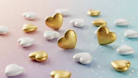 Gold hearts on a blue background. Valentine's Day. 3D renderingの写真素材