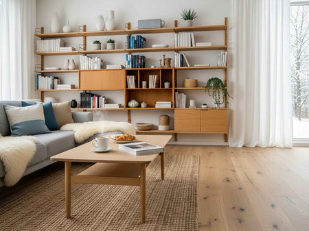 Interior of modern living room with sofa, coffee table and bookshelvesの写真素材