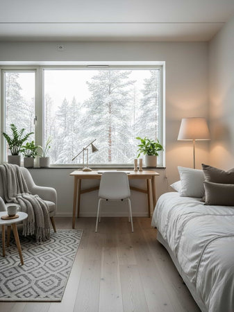 Interior of a modern bedroom with white walls, a wooden floor and a large window overlooking the forestの写真素材