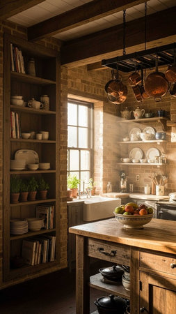 Interior of modern rustic kitchen with wooden and brick walls.の写真素材