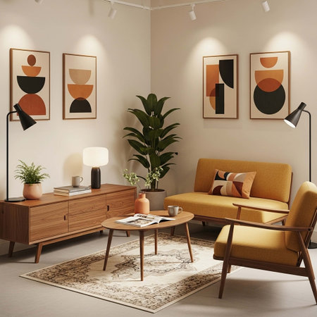 Living room interior with armchair, coffee table, lamp and posters. 3d renderの写真素材