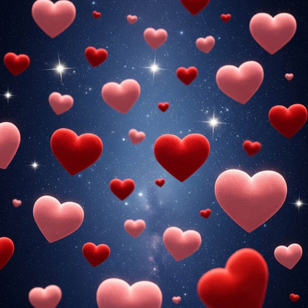 Red hearts and stars on a blue background. Valentine's day background.の写真素材