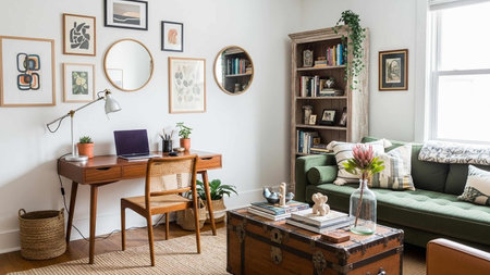 Interior of a living room with a green sofa, bookshelf, coffee table and plantsの写真素材