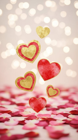 Valentine's day background with hearts and bokeh lightsの写真素材