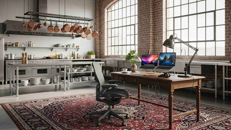 3D rendering of a loft office interior with a computer and furnitureの写真素材