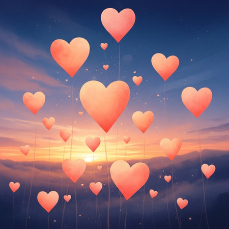 Valentine's day background with hearts on sky and clouds.の写真素材