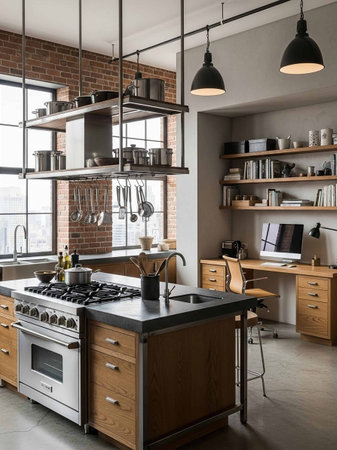 interior of a modern kitchen in a loft with brick walls and wooden furnitureの写真素材