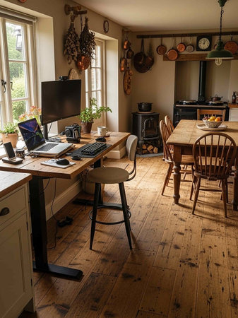 Interior of a rustic home office with wooden table and computerの写真素材