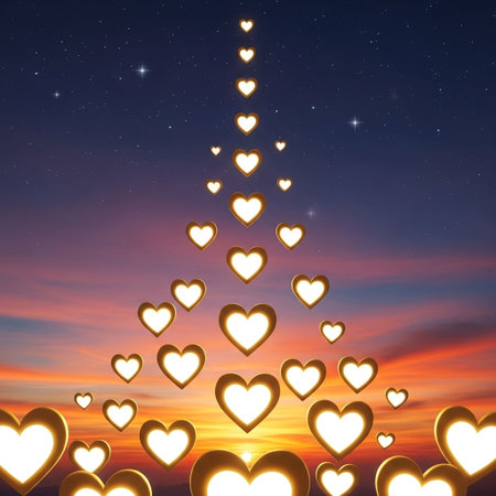 Valentine's day background with golden hearts on the sunset skyの写真素材
