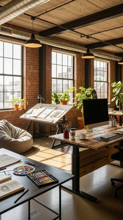 Interior of modern loft office with brick walls and wooden floor. Nobody insideの写真素材
