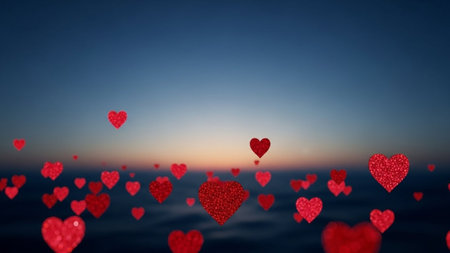 Red hearts on the sea. Valentines day background. 3d illustrationの写真素材