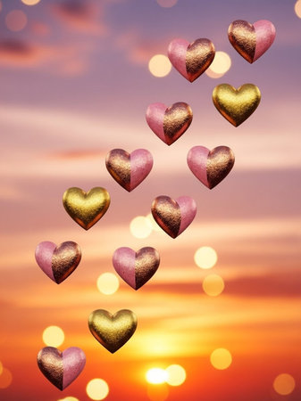 Valentine's day background with golden hearts. Love concept.の写真素材