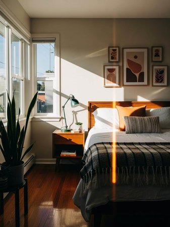 Bedroom interior with pillows on bedside table and lamp in sunlightの写真素材