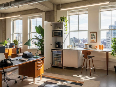 Interior of a modern home office with a large window overlooking the cityの写真素材
