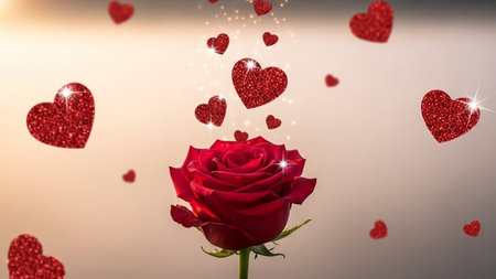 Valentines day background with red rose and hearts. 3d renderingの写真素材