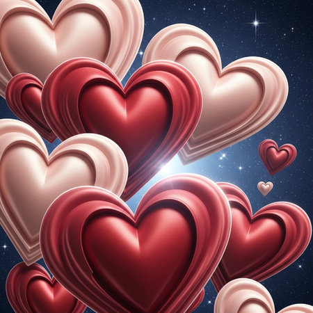 3D illustration of red hearts on a starry sky background.の写真素材