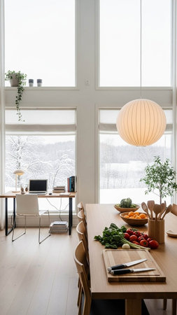 Interior of modern dining room with panoramic window. Nobody insideの写真素材