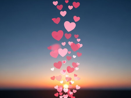 valentine's day background with heart bokeh and sunsetの写真素材