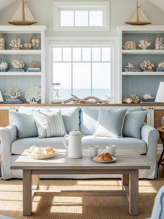 Luxury living room with white sofa, coffee table, croissants, sea view and decorationの写真素材