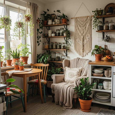 interior of a cozy Scandinavian style living room with furniture and plantsの写真素材