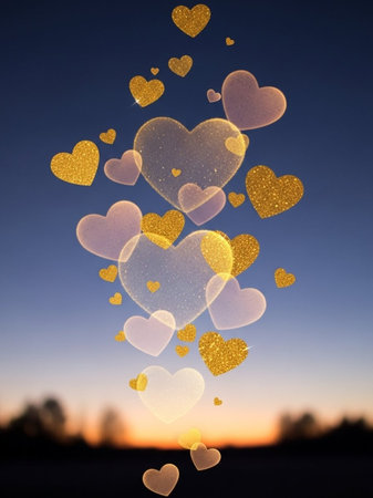 Hearts bokeh on sunset sky background. Love concept.の写真素材