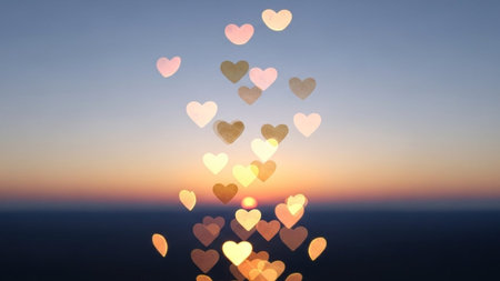 Heart bokeh on sunset sky background. Love and valentine concept.の写真素材