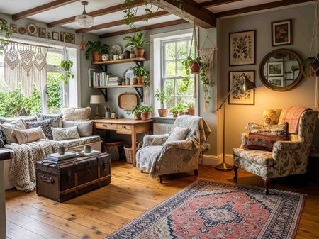 Cozy living room with armchairs, sofa, coffee table and plants.の写真素材
