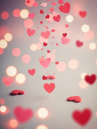 Valentine's day background with red hearts and bokehの写真素材