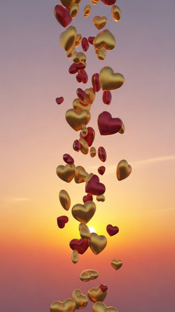 Valentine's day background with flying red and gold hearts on sunset skyの写真素材