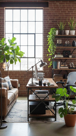 Modern loft office interior with brick walls, wooden floor, black leather sofas, bookshelves, coffee machine and plants.の写真素材