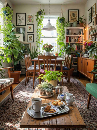 Interior of a cozy home living room with a wooden table, chairs, bookshelf and plantsの写真素材