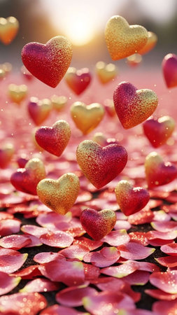 Valentine's day background with red and gold hearts and petalsの写真素材