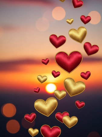 Valentine's day background with red and gold hearts on sunsetの写真素材