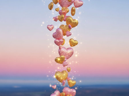 Valentine's day background with hearts and sparkles on the skyの写真素材