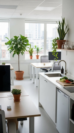 Interior of a modern office with computer and plants in a potの写真素材